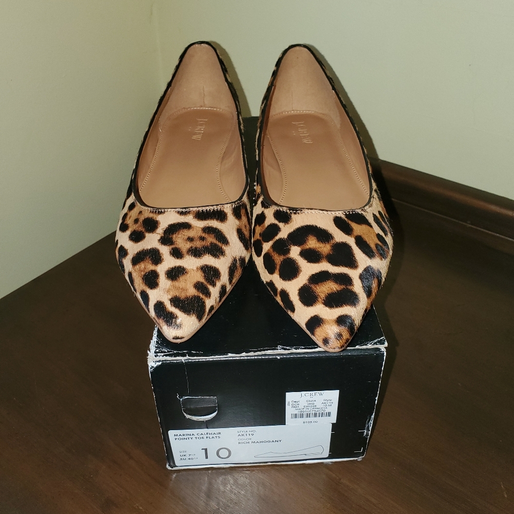 J Crew Marina Calfhair Pointy Toe Flats Sz 10 Leopard